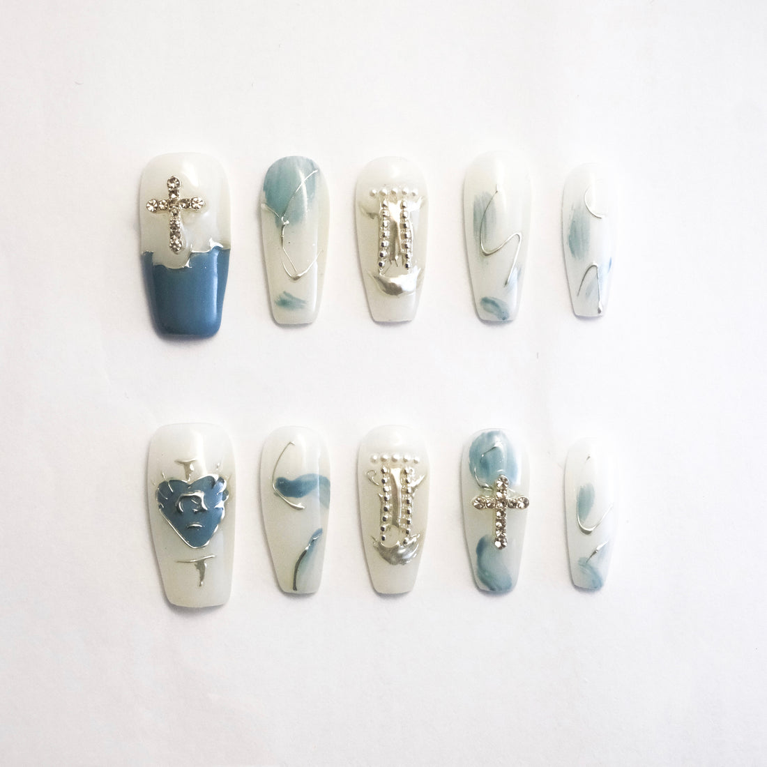 Blue-Cross Charm Press On Nails | Ondulee Nails